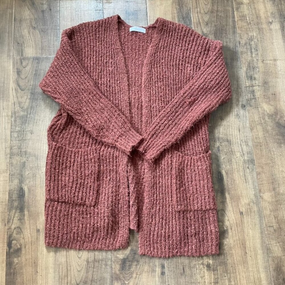 Talulah Rust Textured Open Front Cardigan Sweater Medium Cozy Knit Pockets
